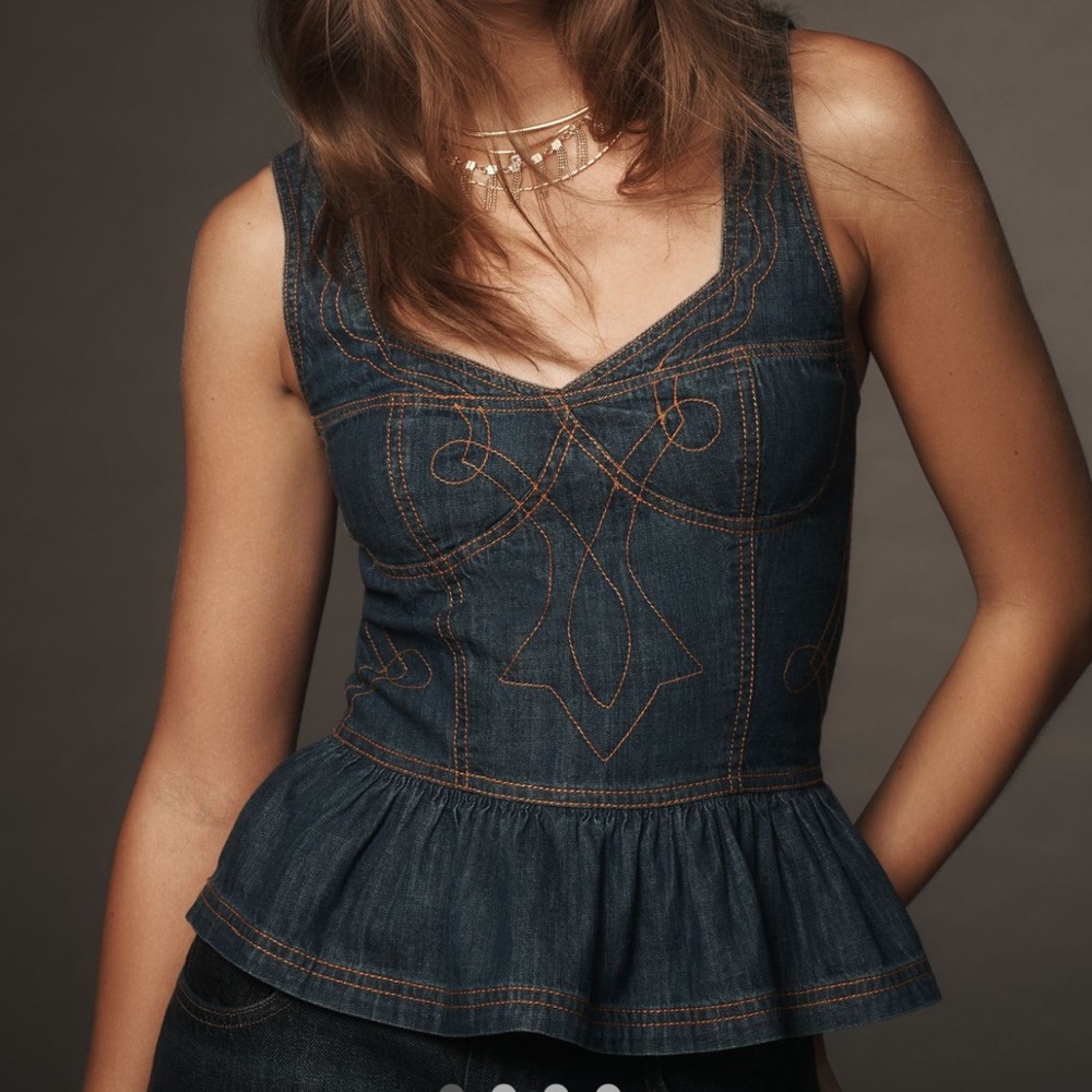 Anthropologie Embroidered Peplum Corset Denim Top - Picture 3 of 14
